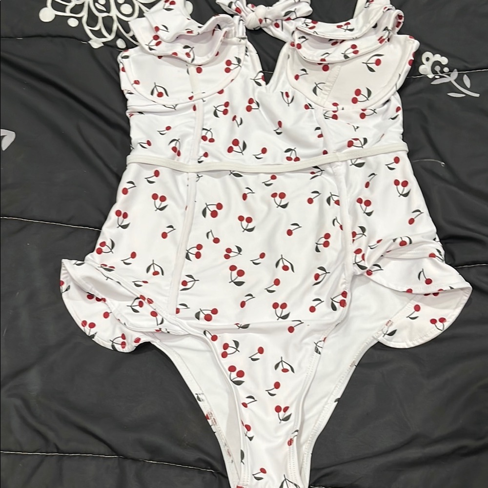 White Cherry Print Swimsuit